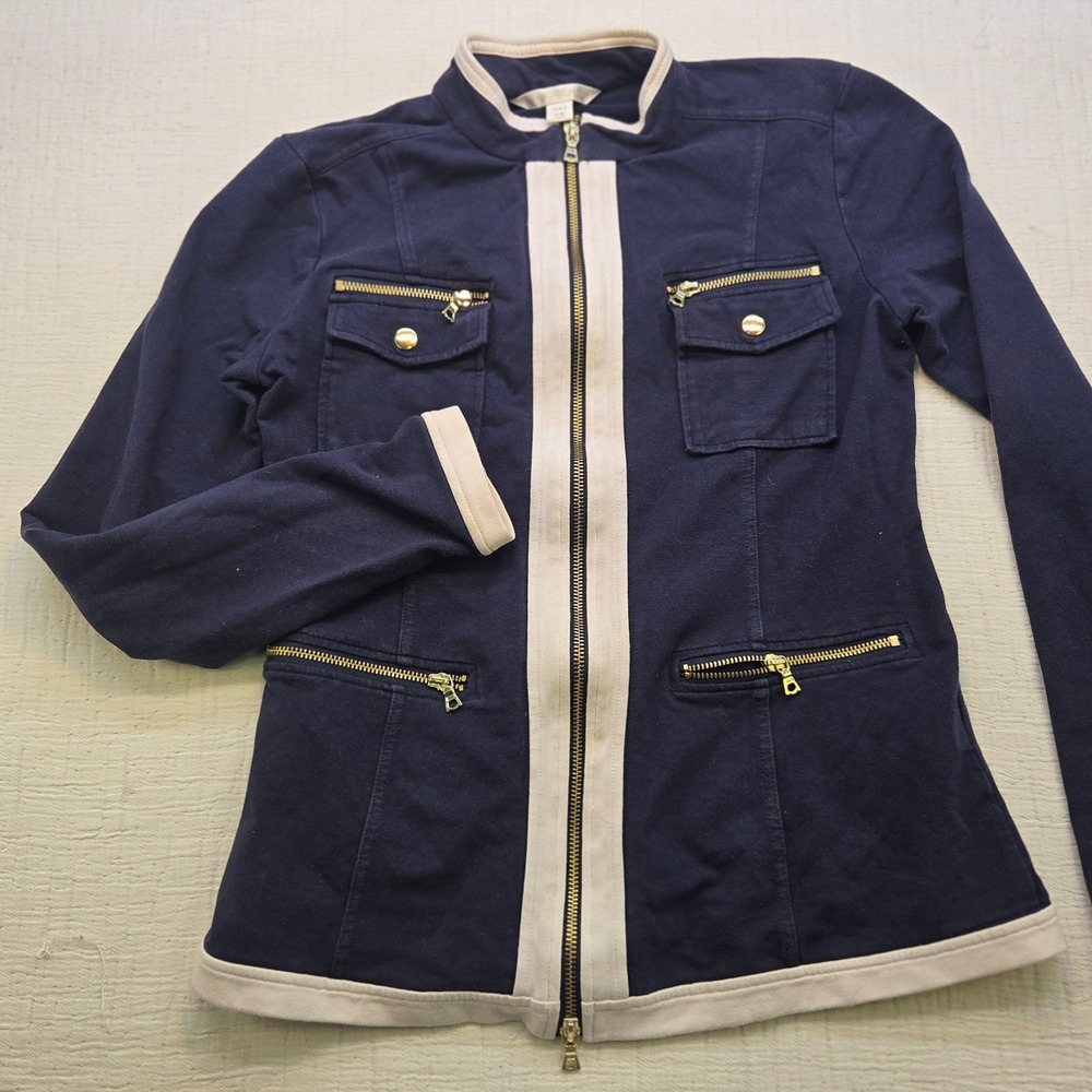 Boston Proper Navy Blue Cream Full Zip Utility Jacket Gold Hardware Size S